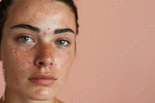Detailed portrait of a young woman with freckles looking directly at the camera, conveying transparency and real beauty