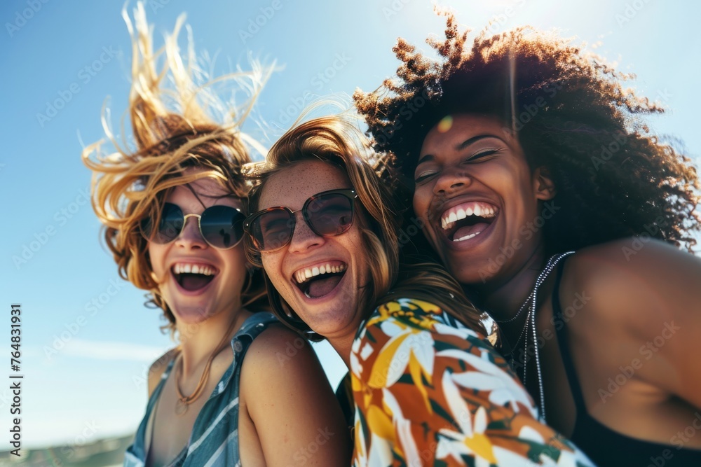 Energetic and joyful friends are jumping with delight on a beach on a sunny day, expressing freedom and happiness Energetic and joyful friends are jumping with delight on a beach on a sunny day, expressing freedom and happiness