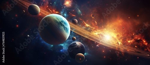 A cluster of celestial bodies including planets gleaming brightly in the vastness of outer space