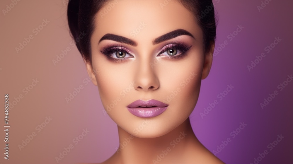 A woman with purple lipstick and green eyes A woman with purple lipstick and green eyes