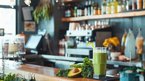 A health-conscious smoothie bar, where a blender whirs up a green smoothie with kale, avocado, 
