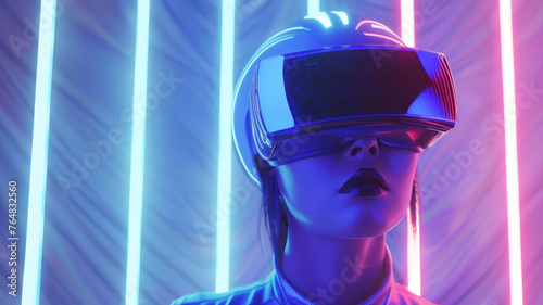 An individual immersed in virtual experience enriched by glowing neon lights and futuristic appeal photo