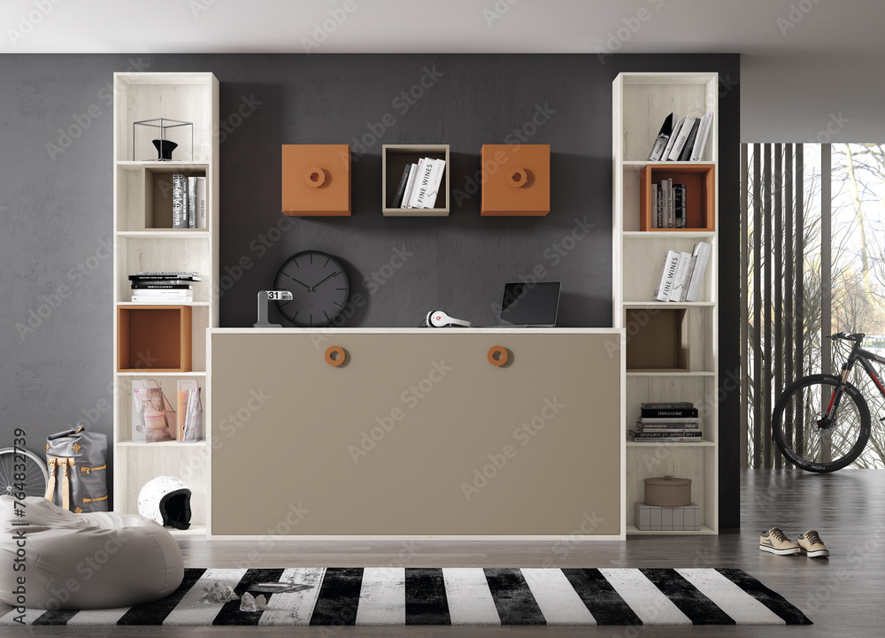 Fototapeta premium a room with a colorful wall and a bed with a painting on the wall.