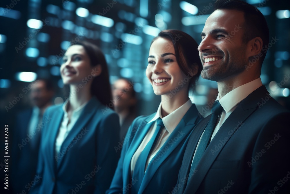 a diverse business team, dressed in formal dark blue and green suits, as they smile against a backdrop of office building. a diverse business team, dressed in formal dark blue and green suits, as they smile against a backdrop of office building.