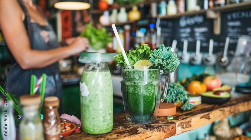A health-conscious smoothie bar, where a blender whirs up a green smoothie with kale, avocado, 