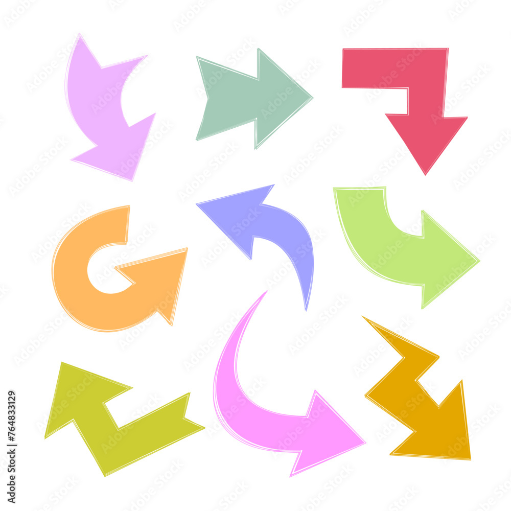 Hand drawn colorful arrows set icon. Hand drawn colorful arrows set icon.