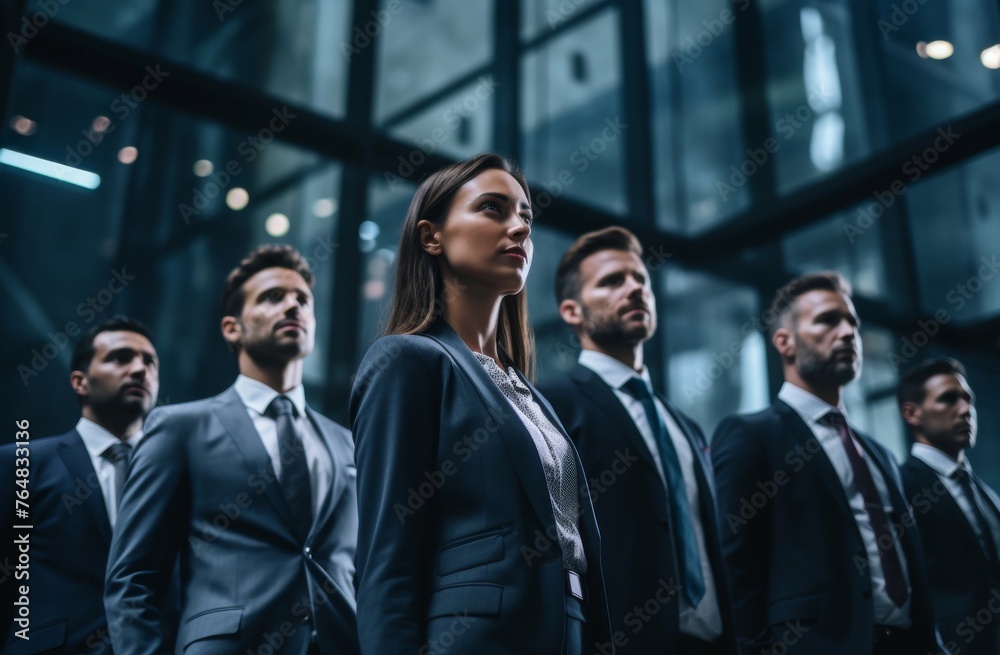 a diverse business team, dressed in formal dark blue and green suits, as they smile against a backdrop of office building. a diverse business team, dressed in formal dark blue and green suits, as they smile against a backdrop of office building.