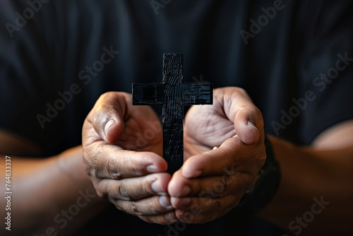 Man’s hands in prayer and worship of cross, concept of eucharist therapy, god’s help, hope, faith, and Christian religion