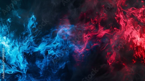 A captivating panoramic view of abstract fog with red and blue swirling smoke against a black background, designed for logo mockups or wide-angle wallpapers