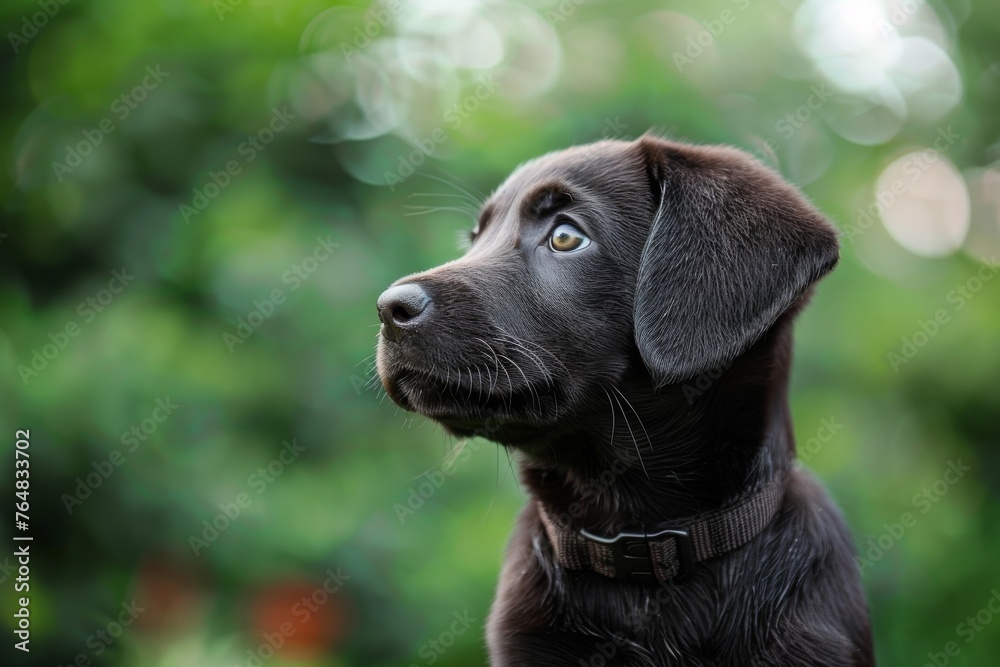A young brown Labrador retriever gazes with soulful eyes amongst a backdrop of greenery, evoking a feeling of loyalty A young brown Labrador retriever gazes with soulful eyes amongst a backdrop of greenery, evoking a feeling of loyalty