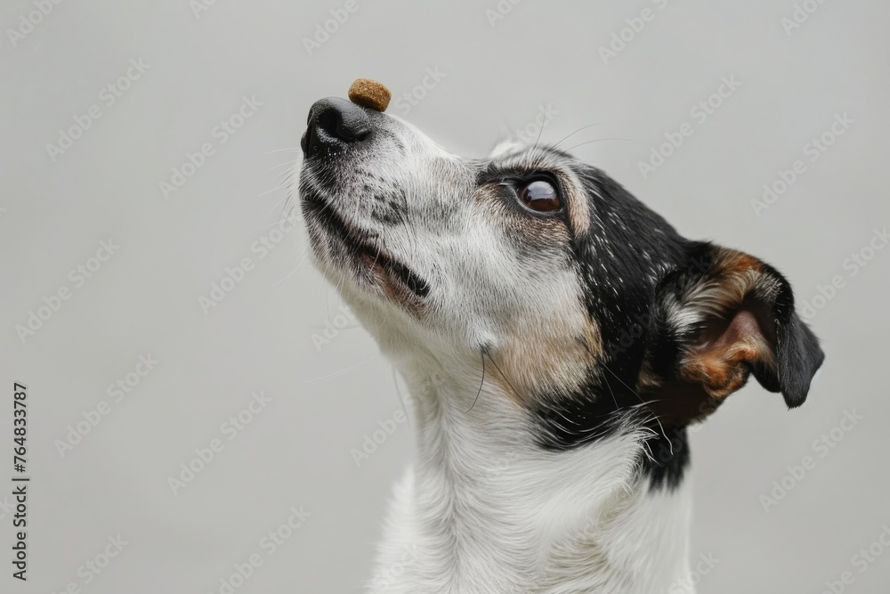This image showcases a dog with a treat on its nose, looking upwards attentively