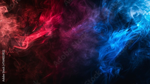 A captivating panoramic view of abstract fog with red and blue swirling smoke against a black background, designed for logo mockups or wide-angle wallpapers