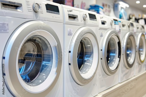 A lineup of modern washing machines on display at an appliance store, likely to be used in content about home appliances, shopping for household items, or consumer electronics