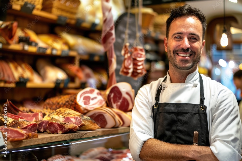 A smiling man presenting various types of cured ham, such as Iberico or Serrano, in a delicatessen or specialty food store, indicating a focus on gourmet products