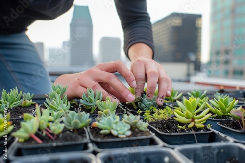 A focused shot of hands planting and caring for small succulents in a rooftop garden with urban background