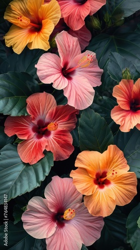A vibrant collection of hibiscus flowers in shades of pink, red, and orange, set against dark green leaves in a lush tropical garden setting.