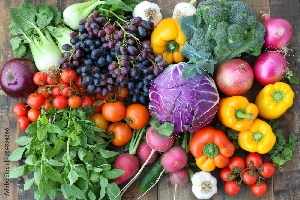 A variety of colorful vegetables and ripe grapes on a rustic wooden board showcasing an organic farm-fresh bounty A variety of colorful vegetables and ripe grapes on a rustic wooden board showcasing an organic farm-fresh bounty