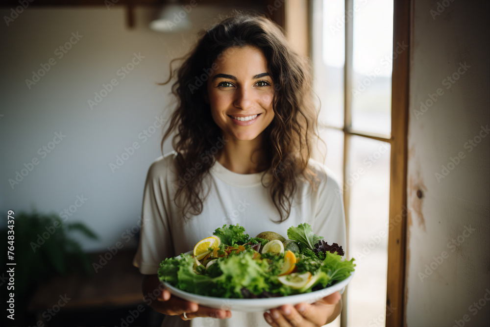 AI generated image of beautiful woman cooking and eating healthy organic vegetarian food AI generated image of beautiful woman cooking and eating healthy organic vegetarian food