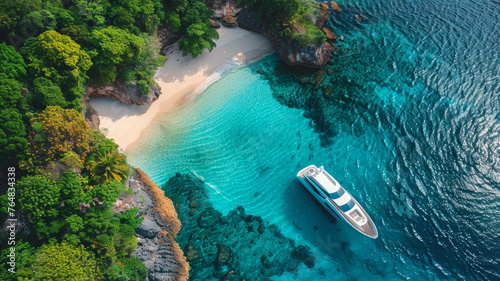 Aerial view of luxury yacht anchored in tropical exotic island beach with crystal clear turquoise sea.