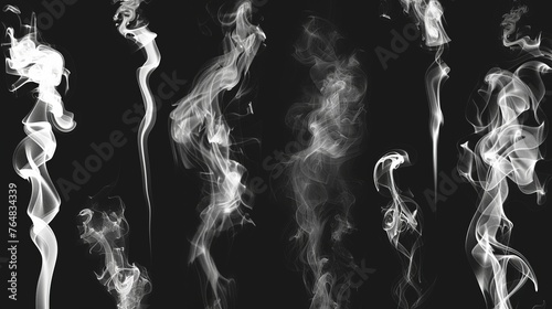A collection of white smoke showcased against a black background, offering a variety of smoke patterns for various uses
