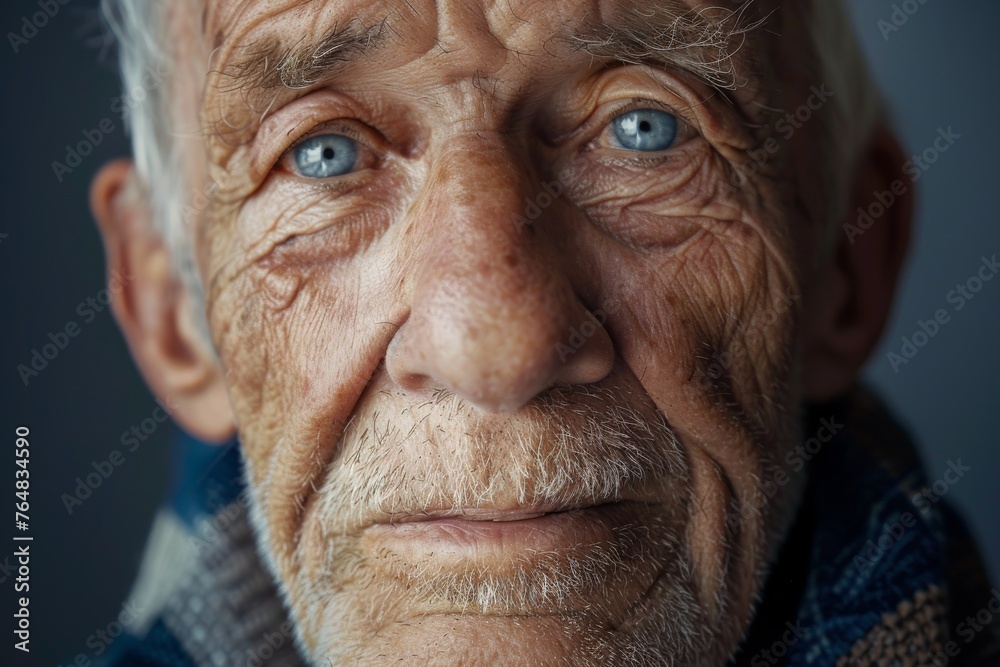 Image emphasizing the rich textures of an elderly person's clothing, abstracting the individual's face