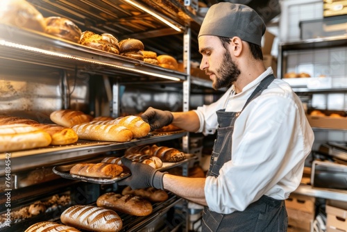 A professional baker is seen taking out freshly baked bread from an oven in a small bakery, showcasing the baking process and the freshness of the produce
