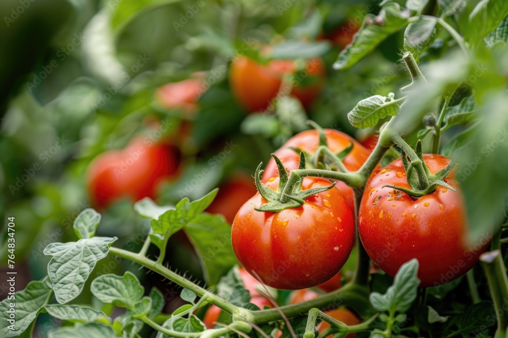 A close-up of ripe red plum tomatoes growing amidst lush green foliage, illustrating the vibrant and natural process of vegetable cultivation