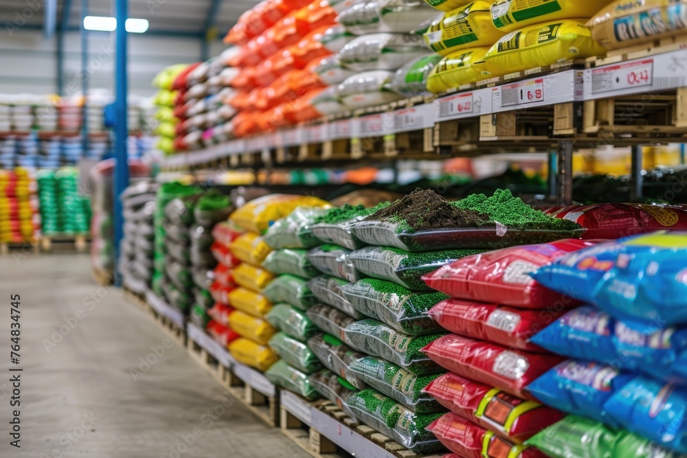 Gardening supplies in a hypermarket: Stacks of colorful bags of gardening products, such as soil and fertilizers, are neatly arranged on pallets in a spacious retail warehouse