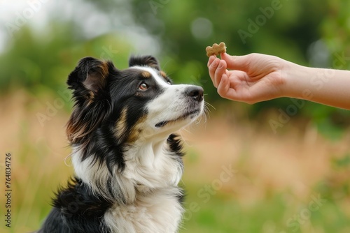 A focused border collie looks at a treat held by a human hand, with a green natural background suggesting training or reward