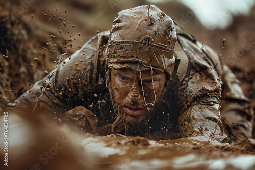 An unrecognizable soldier crawls through the mud, illustrating the grit and intensity of military training