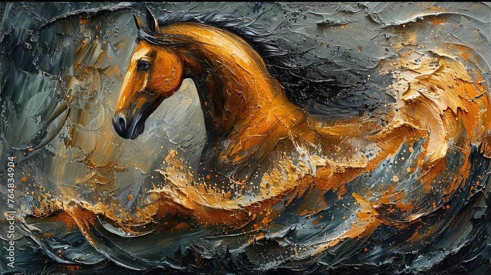 Oil on canvas. Abstract, golden brush strokes. Textured background. Horses, green, gray, wallpapers, posters, cards, murals, carpets, hangings, prints, posters, cards. - obrazy, fototapety, plakaty 