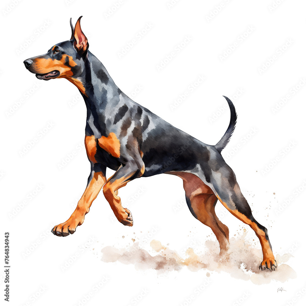 Doberman pinscher playfully running watercolor painting, dog breed, cute dog, pet animal, domestic, for ad promotion, journal, project craft art, cutout on white background, vector illustration