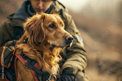 A service dog with a focused expression wearing a work harness, with the handler's face intentionally blurred