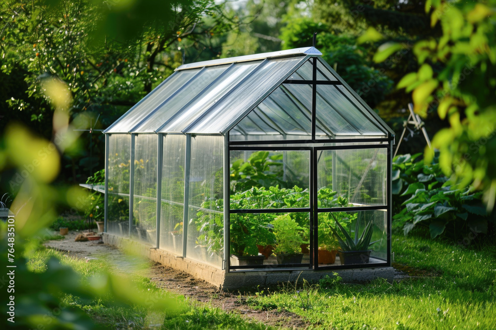 A small greenhouse with a metal frame and polycarbonate covering, situated in a garden setting. The image might be relevant for gardening, agriculture, or do-it-yourself project themes