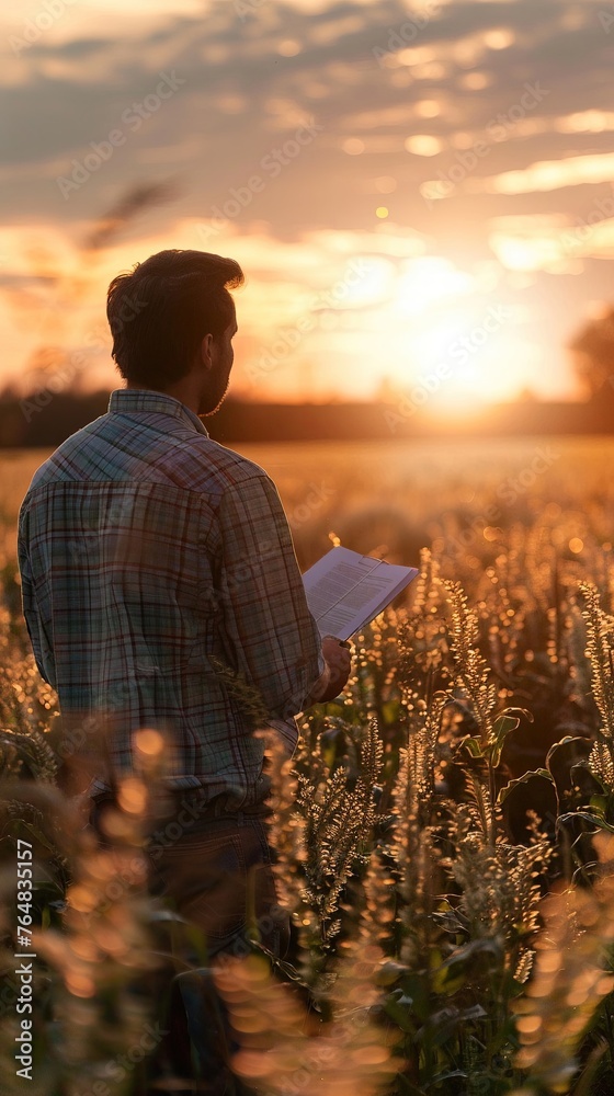 Fototapeta premium Farmer reviewing positive yield forecasts, dusk, backlight, widescreen, tranquil scene