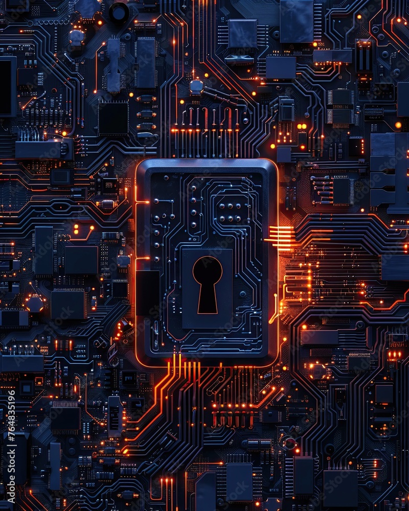 Fototapeta premium Innovative guarding circuit in digital lock, protection against cyber threats, safety theme