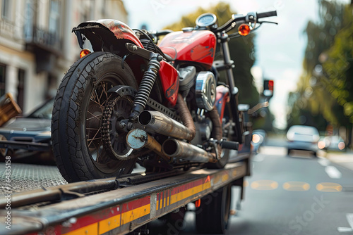 A tow truck carrying a broken motorcycle