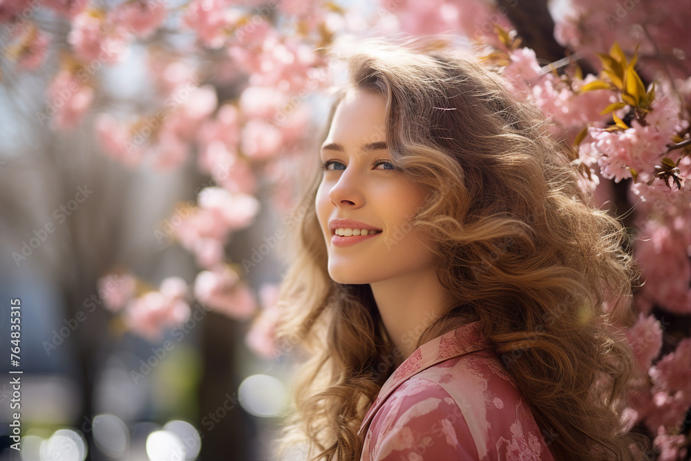 Happy people enjoying beautiful spring day park trees blossom city view Generative AI illustration Happy people enjoying beautiful spring day park trees blossom city view Generative AI illustration