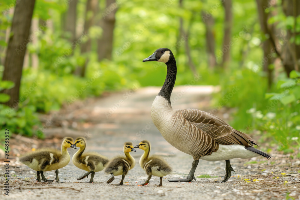A mother goose leading her goslings on a path, a moment capturing the natural behavior of these birds in a rural or park setting A mother goose leading her goslings on a path, a moment capturing the natural behavior of these birds in a rural or park setting
