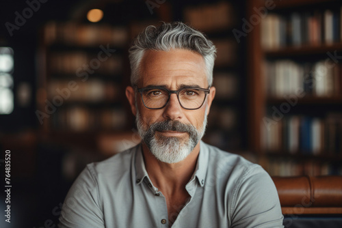 Middle age male librarian or college teacher standing in library in front of book shelves generated by AI