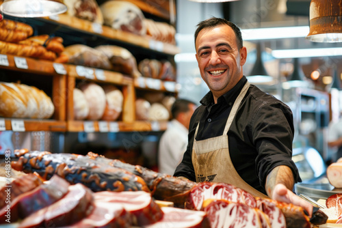 A smiling man presenting various types of cured ham, such as Iberico or Serrano, in a delicatessen or specialty food store, indicating a focus on gourmet products photo
