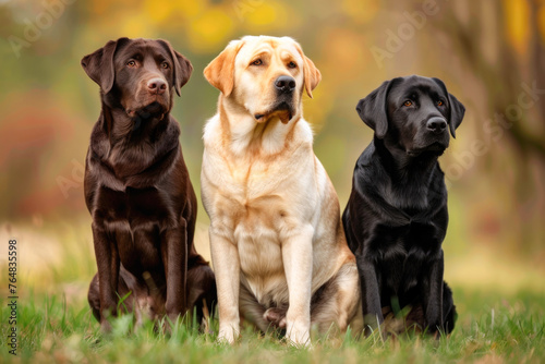 Three Labrador Retrievers  each of a different color  chocolate  yellow  and black   sitting on grass and looking forward  representing the common color variations of this breed