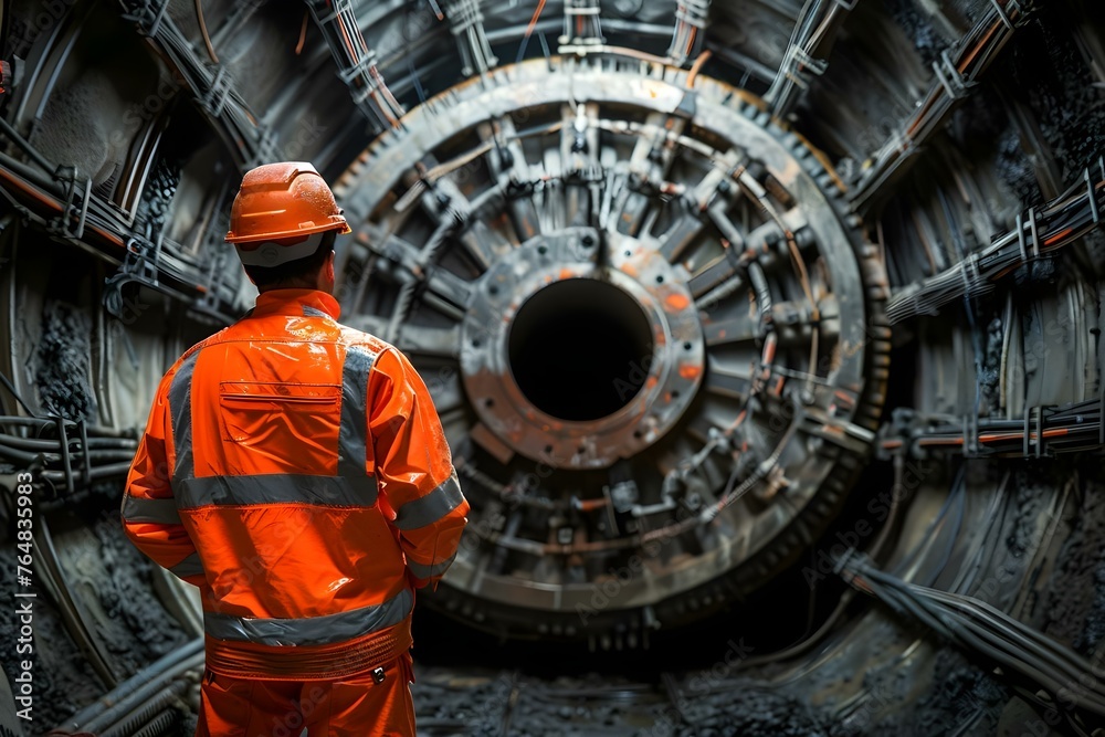 Supervising Engineer in Orange Safety Gear Monitoring Tunnel Boring Machine Operation in Subway Construction. Concept Construction Site Safety, Tunnel Boring Machine Operation, Subway Construction