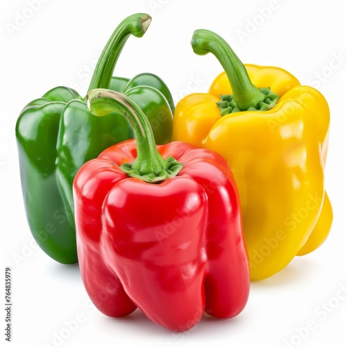Red, green and yellow bell peppers isolated on white background © Turhan