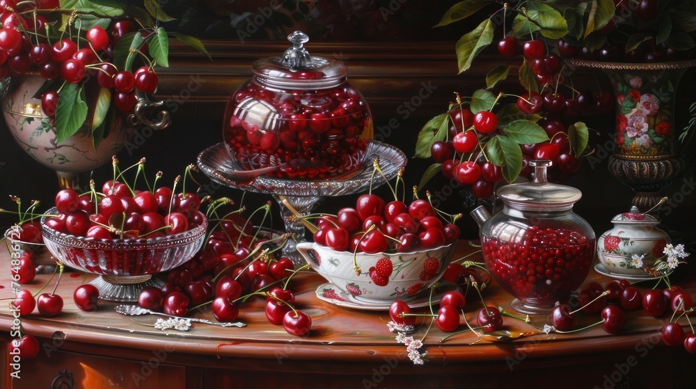 There are a lot of fresh cherries and cherry jam in the studio.