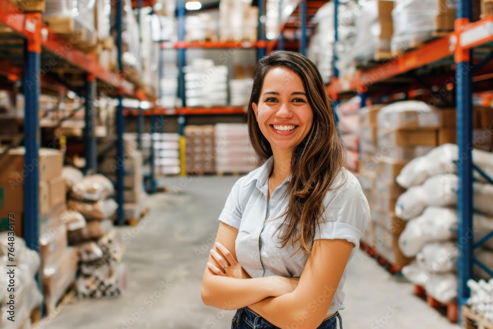A smiling Hispanic woman posing confidently at a building materials warehouse. Her pose and the setting suggest that she may be a supervisor or someone with authority in this environment