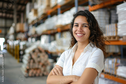 A smiling Hispanic woman posing confidently at a building materials warehouse. Her pose and the setting suggest that she may be a supervisor or someone with authority in this environment