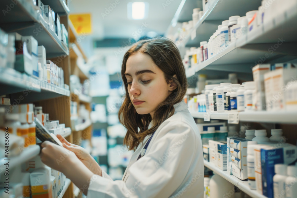 A young female pharmacist is organizing products on the shelves in a pharmacy, surrounded by a variety of medications and health-related items