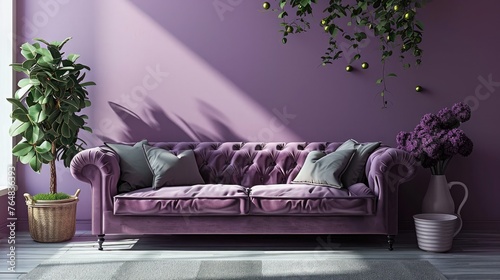 Design an appealing composition showcasing lavender wall, creating a serene ambiance with a stylish sofa.