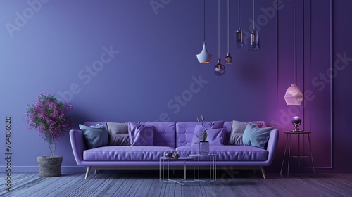 Design an appealing composition showcasinglavender wall, creating a serene ambiance with a stylish sofa.